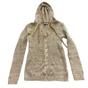 Roxy Women's Tan Marled Knit Hooded Sweater Tunic Cable Knit V Neck